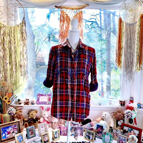 Free People Magical Plaid Buttondown Top Red Blue - Picture 4 of 8